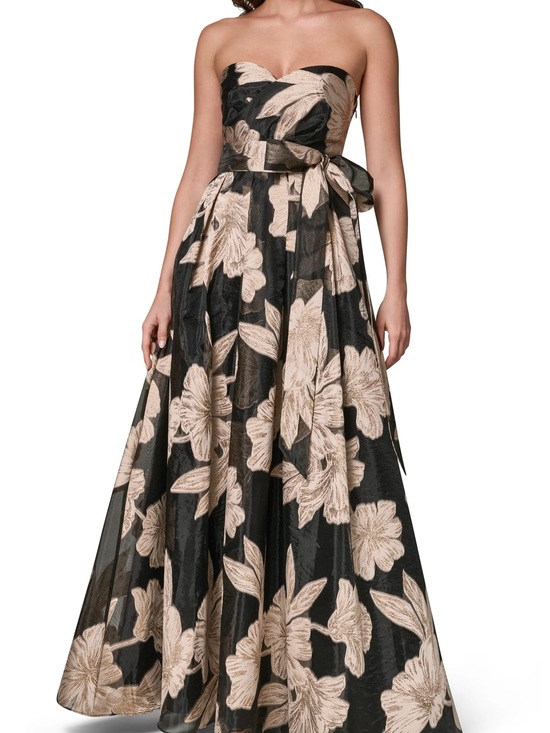 Donna Karan Dresses & Skirts - Donna Karan Black Strapless Floral Ball Gown with Cream Blooms
